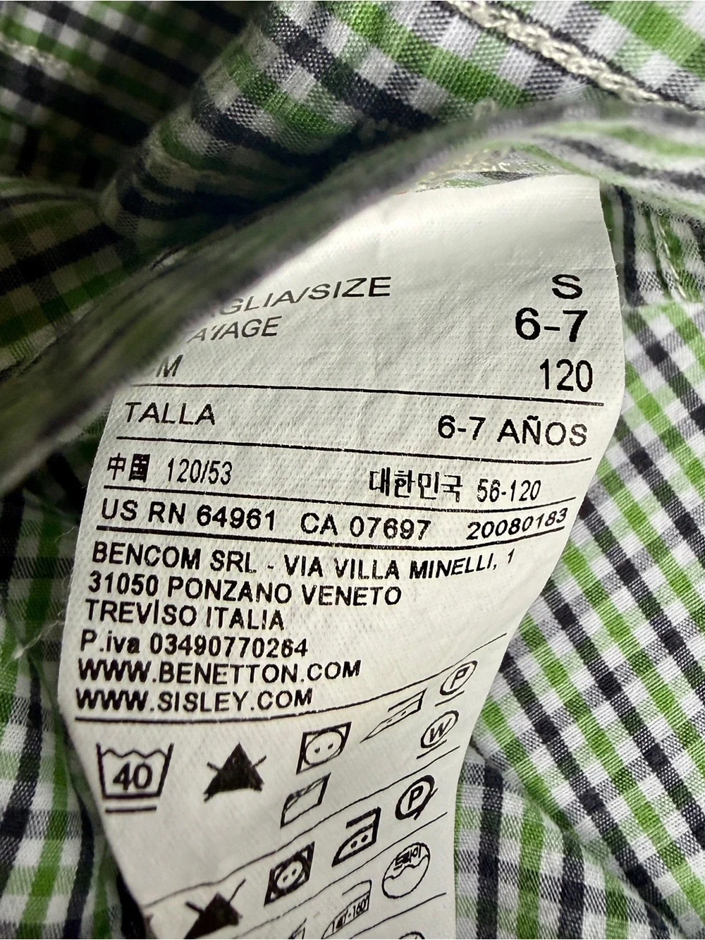 United Colors of Benetton Boys Surf Graphic Plaid Button Down Shirt Size 6-7 Yrs